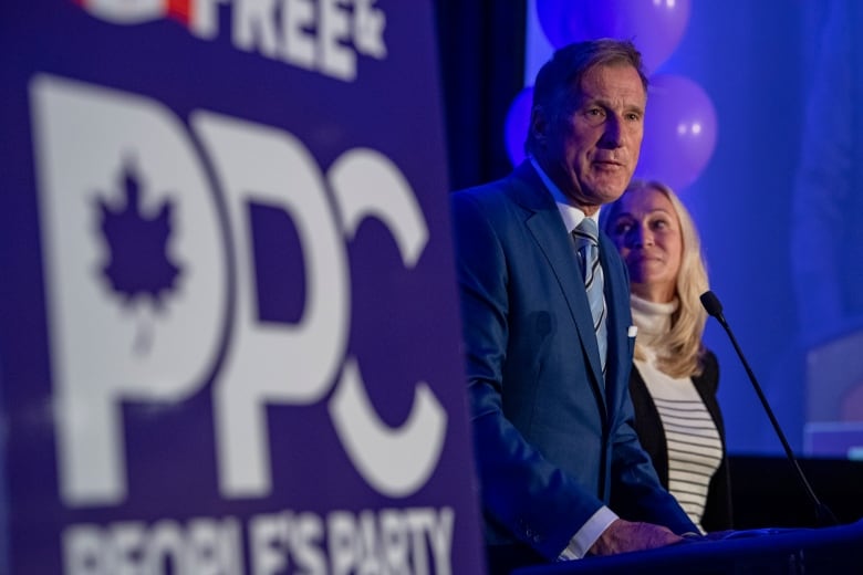 A man stands at a podium delivering a speech. In the foreground is a People's Party of Canada sign.