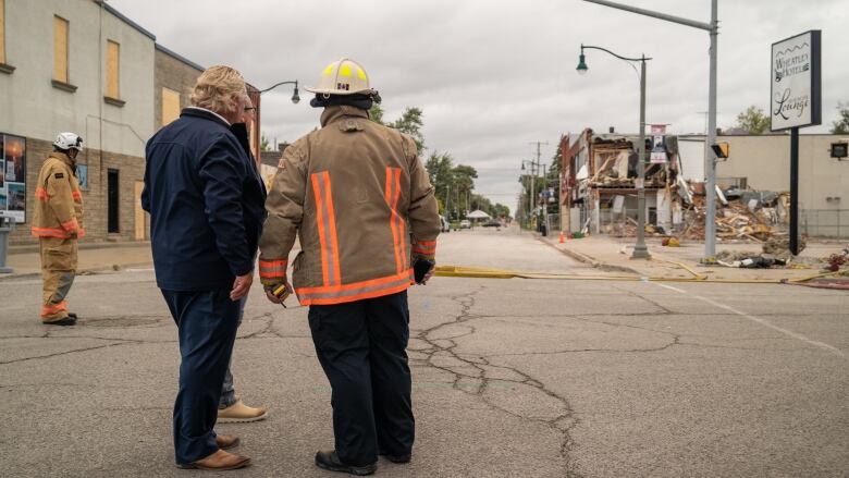 In a photo released by his office, Ontario Premier Doug Ford visits downtown Wheatley, where an explosion destroyed two buildings on Aug. 26.