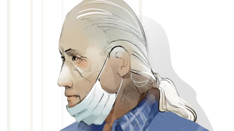 A court sketch of a man with long grey hair in a ponytail and a mask around his chin. 