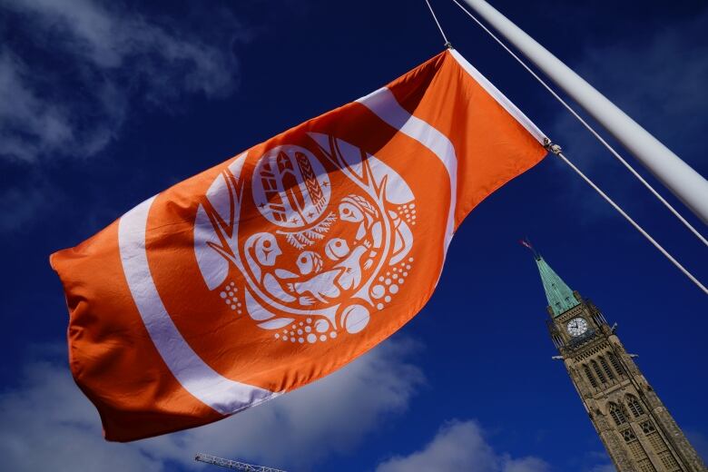 An orange flag with a circular design incorporating different Indigenous symbols in front of the Peace Tower on Parliament Hill.