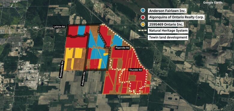 A map created after CBC analyzed property records of ownership in the Tewin area in rural south Ottawa. The lands that will be brought into the city's urban boundary are predominantly owned by Taggart, not the Algonquins of Ontario.