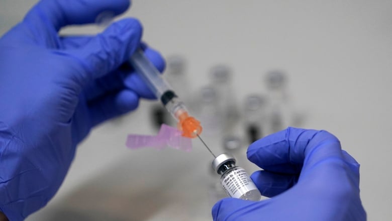 A pharmacy technician, wearing purple gloves, loads a syringe with Pfizer's COVID-19 vaccine.