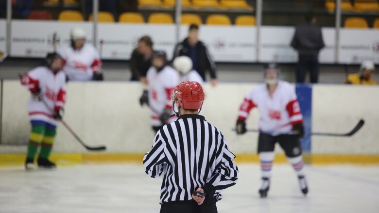 A hockey referee is pictured from the back as they look on at a bench.