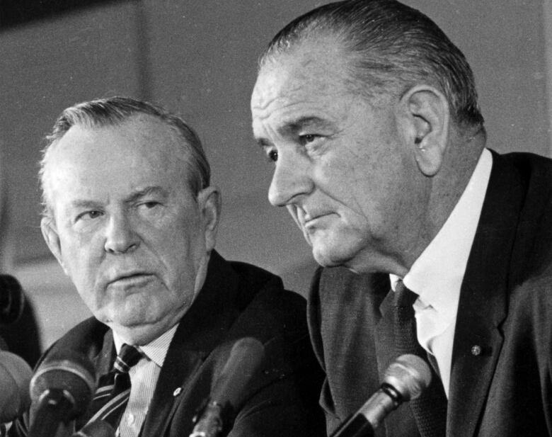 Former Prime Minister Lester B. Pearson is shown with then President Lyndon Johnson at a joint news conference at Uplands Airport in Ottawa at the end of Johnson's whirlwind visit to Canada in May, 1967. (CP PHOTO)