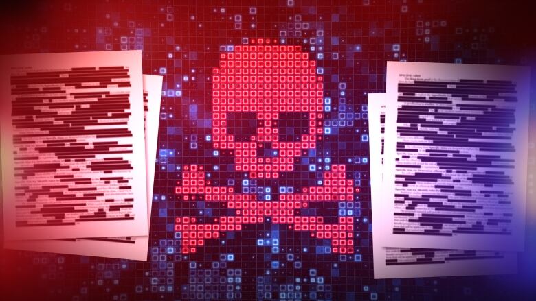 A glowing skull and crossbones is pictured on a computer screen.