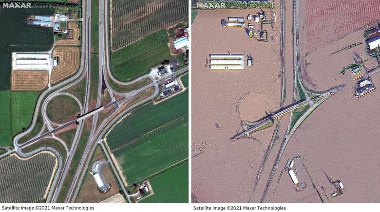 Two satellite images of a highway interchange. The one on the left shows a highway crossing through a series of green fields and farms. The one on the right shows widespread flooding and brown water.