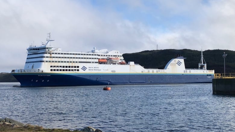 A blue and white ferry vessel sits near a dock.