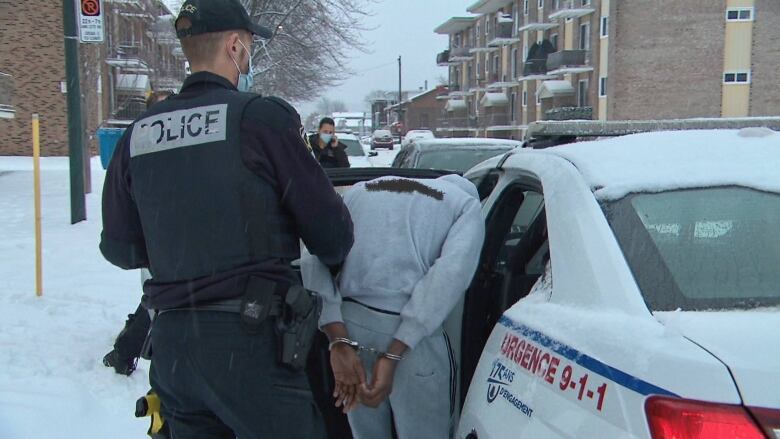 A police officer puts a suspect into the back of a cop car. 