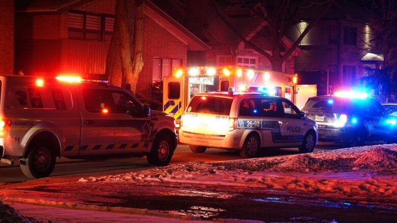 Police cars and an ambulance outside a house. at night. 