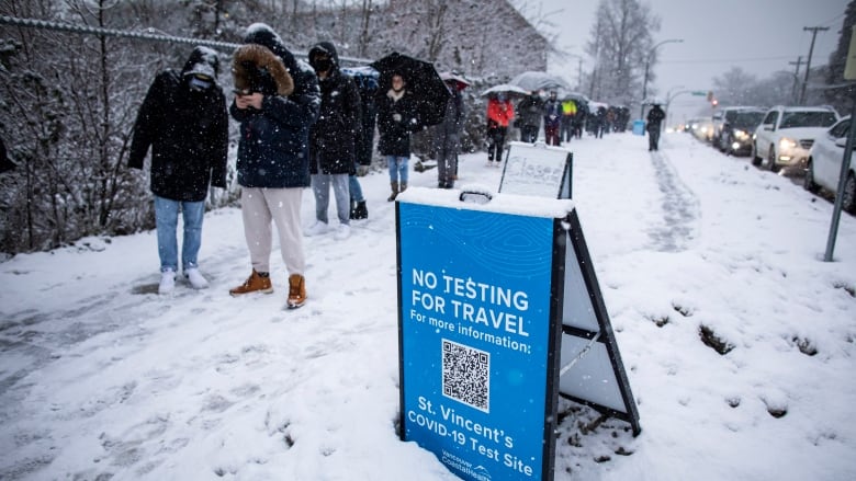 People are pictured waiting in line for a COVID-19 test at a clinic during a period of snowfall.