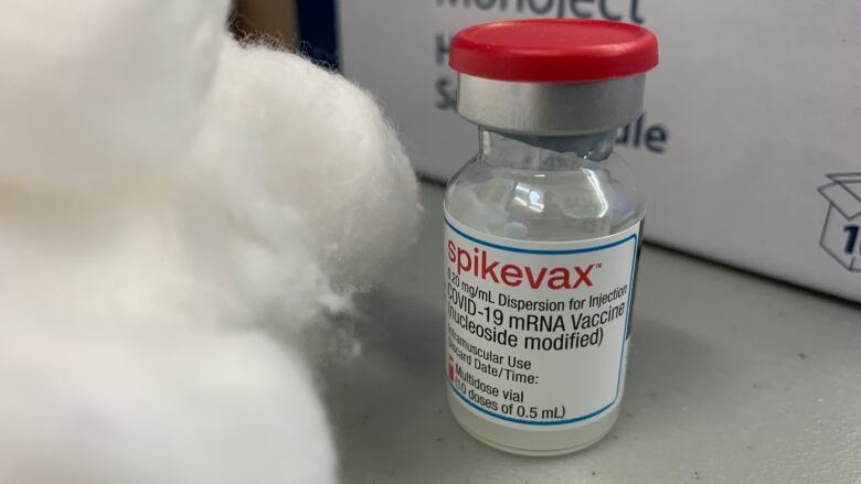 A vial of Moderna vaccine and some cotton balls.