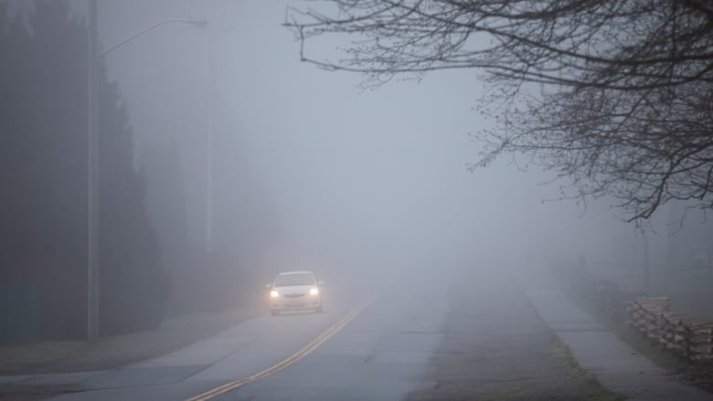 A car is shown driving in heavy fog across a roadway.