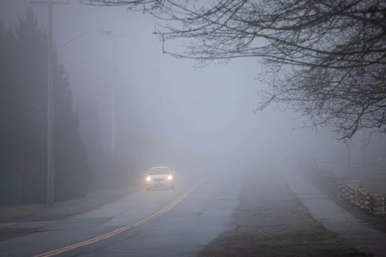 A car is shown driving in heavy fog across a roadway.