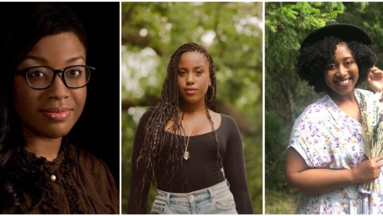 Three portraits of black women: a closeup of a woman with glasses, a woman in a black top and acid washed jeans and a woman with a flowery top