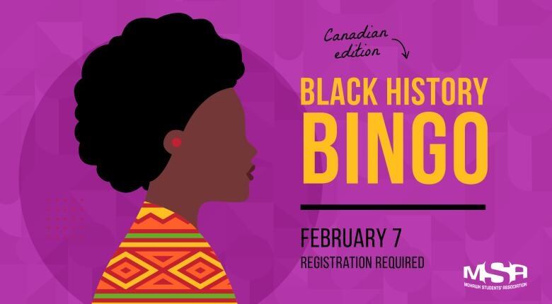 Side portrait illustration of a Black woman with an afro hairdo and orange clothing and Black History Bingo written in yellow on a purple background