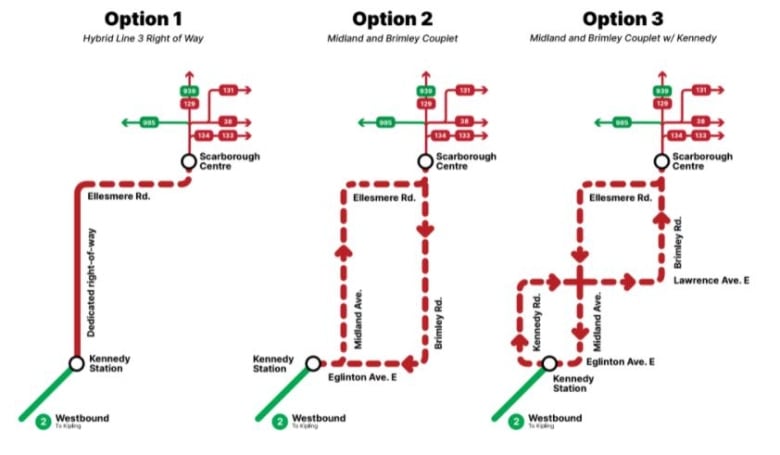 Map of three bus routes.