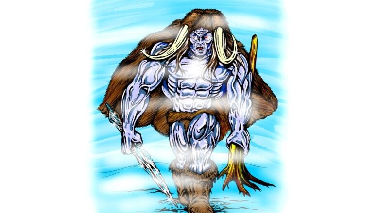 Drawing of a Mi'kmaw God of Winter. He's depicted as a strong man wearing horns and furs, holding elemental weapons