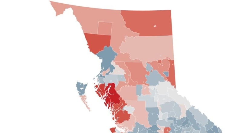 A map of British Columbia showing the rates of growth in population by area. Most of the province saw a high rate of growth.