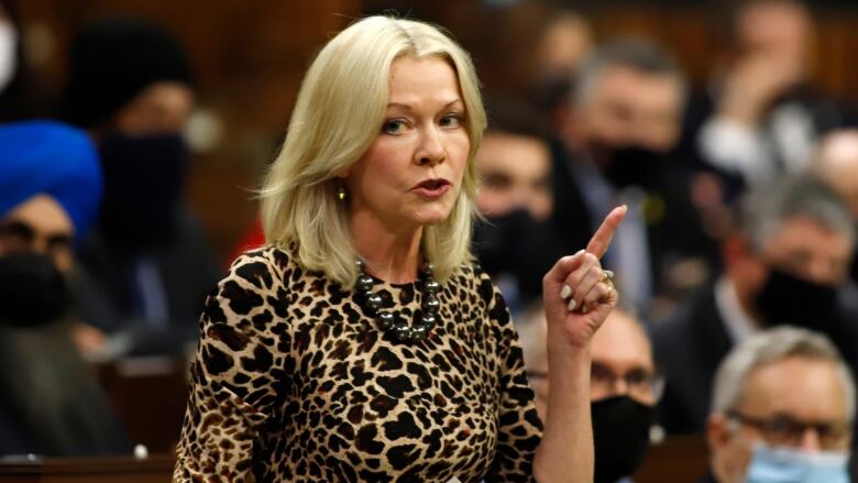 A blonde woman in an animal print shirt points her finger in the air as she speaks emphatically at a podium.