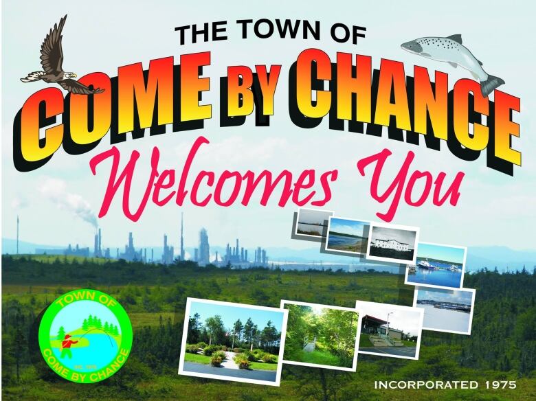 an image of the town of come by chance welcome sign