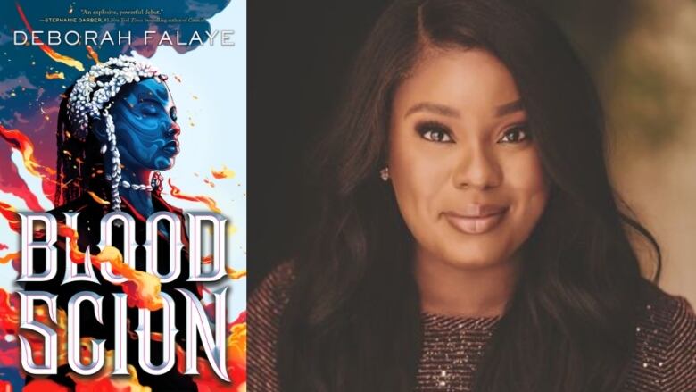 A composite of portrait of a Black woman with long black hair smiles at the camera beside an illustrated book cover with a blue woman surrounded by flames and the words Blood Scion by Deborah Falaye.