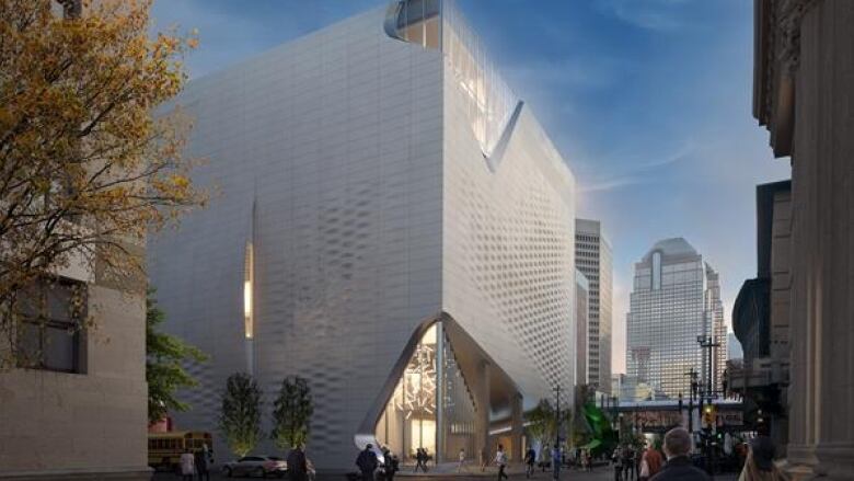 A rendering of the reimagined Glenbow Museum shows a tall, modern white buildin gin Calgary's downtown.