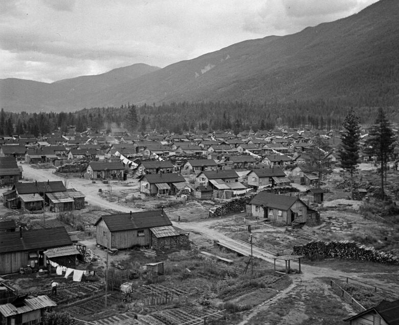 Black and white image of Internment camp for Japanese Canadians dating back to 1940s. 