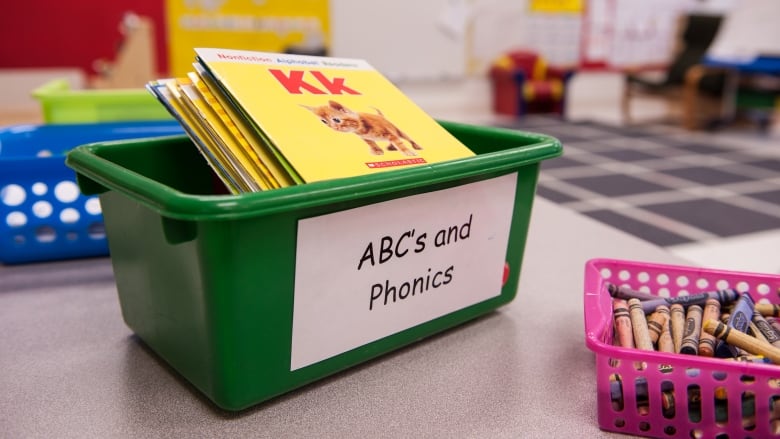 A rubber bin full of reading books sits on a table next to a box of crayons.