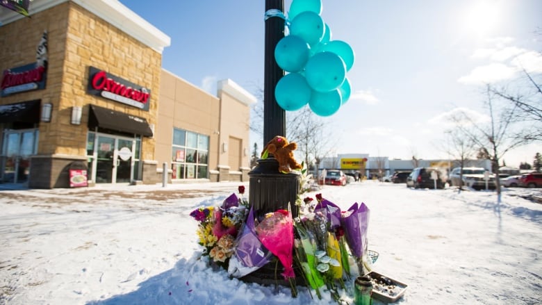 flowers and balloons surround a light pole outside on a snowy street