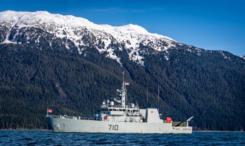 A Canadian military ship sits on the water near Juneau, Alaska.