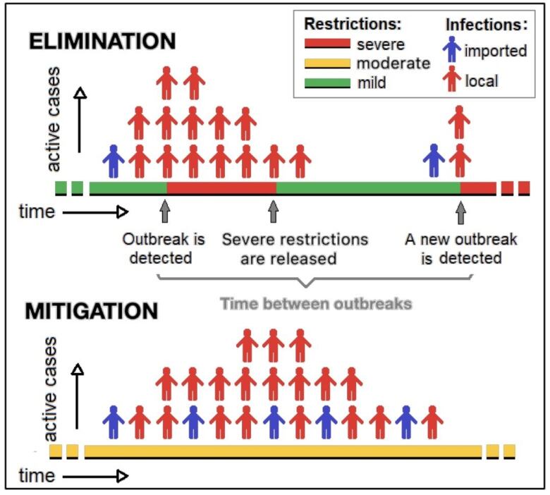 A graph charts COVID-19 mitigation and elimination.