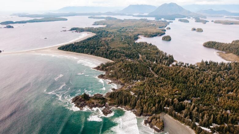 Vancouver Island Tofino sunset from above with drone