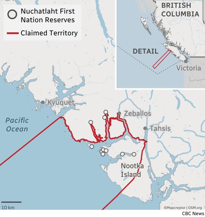 A map showing the area of Nootka Island near Zeballos, with multiple dots marking Nuchatlaht Nation Reserves.