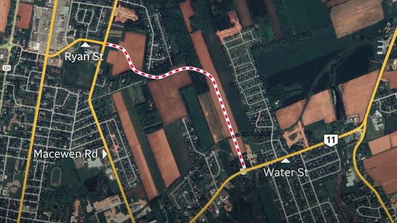 A map showing the proposed East-West Connector Road, which would link Water Street East near Reads Corner with Ryan Street and MacEwen Road.