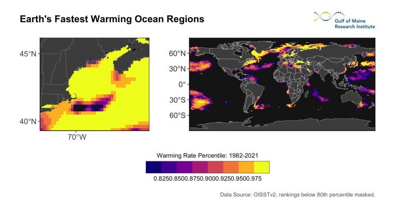 A map showing the world's fastest-warming oceans.