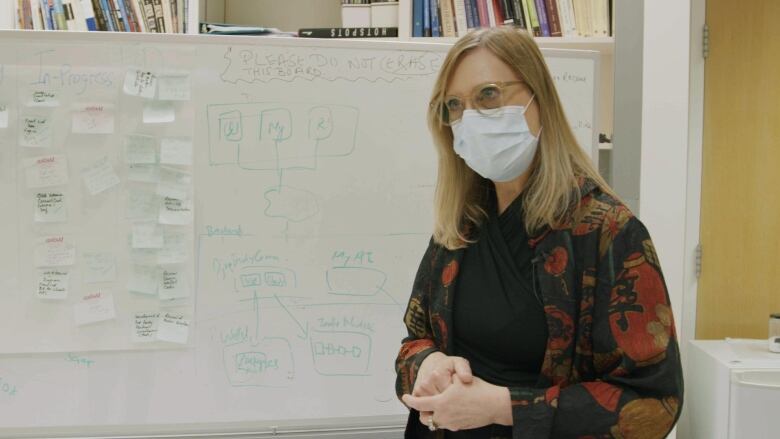 A woman in a mask poses in front of a whiteboard.