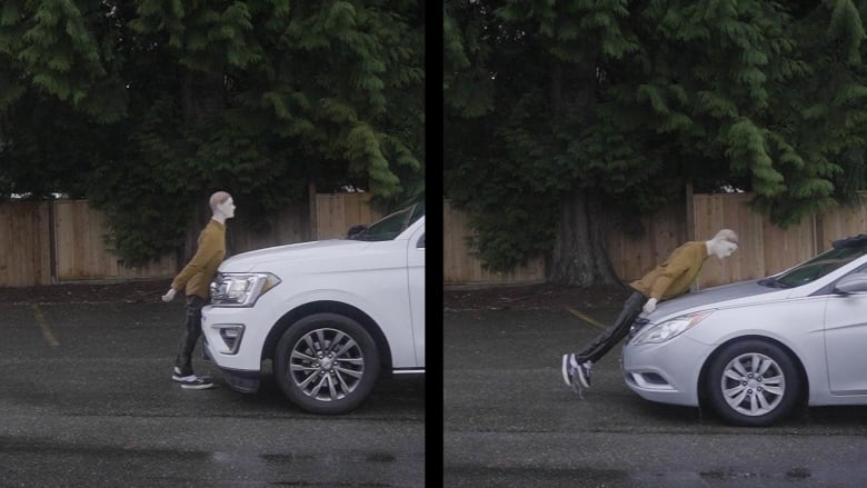 A splitscreen image shows a crash test dummy struck in the chest by an oncoming SUV on the left, and taken out at the legs by a sedan on the right