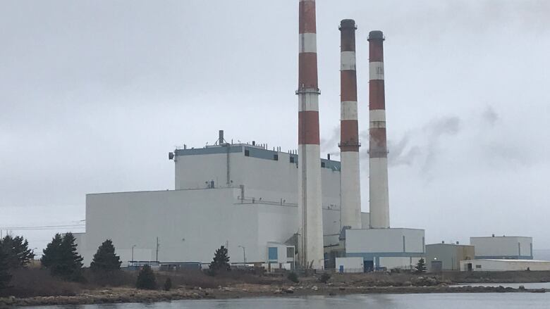 Grey day with power station along water.