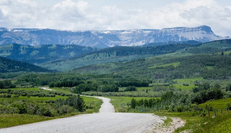 A gravel road leading to a stretch of mountains.