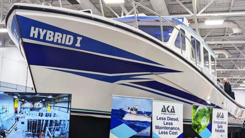 A large fishing boat called Hybrid 1 at a boat show 