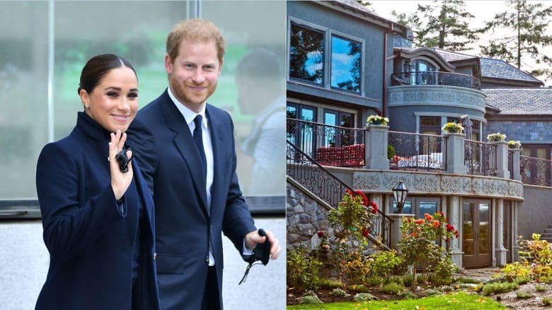 Prince Harry and Meghan Markle are pictured on the left. The exterior of a mansion is pictured on the right.