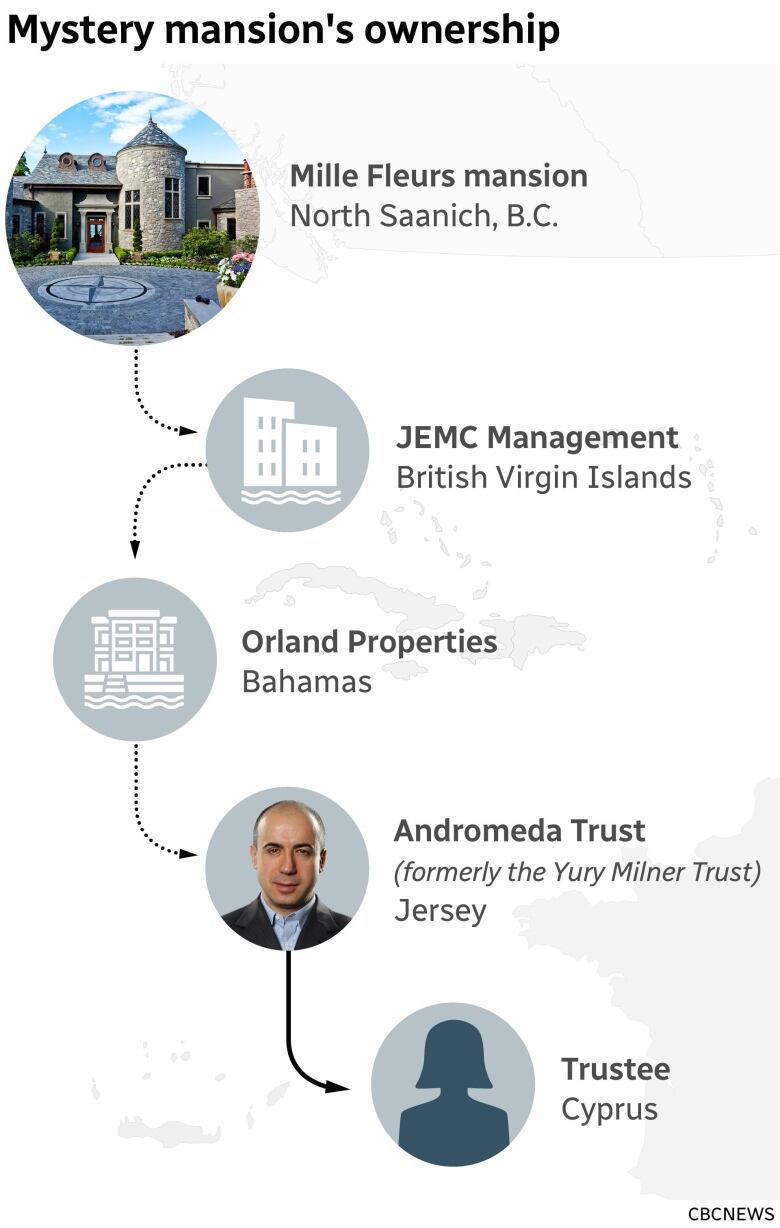 A diagram shows the ownership structure behind the Mille Fleurs mansion in North Saanich, B.C.