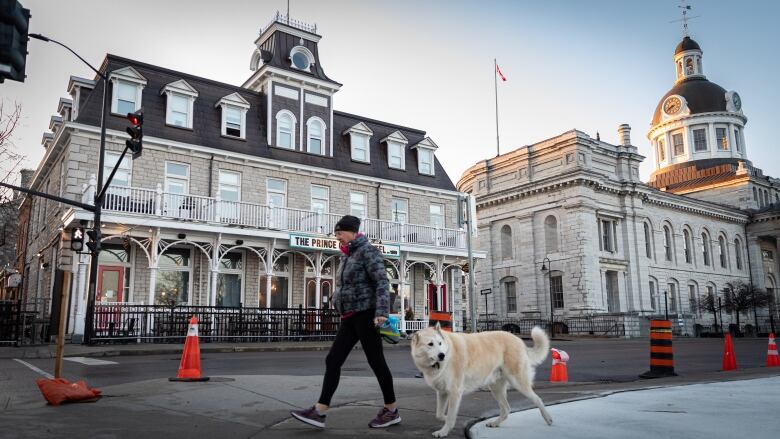 A person with a dog walks past some 19th-century buildings.