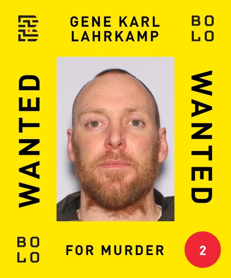 A man with beard is pictured with a frame that reads 'Gene Karl Lahrkamp wanted for murder.'