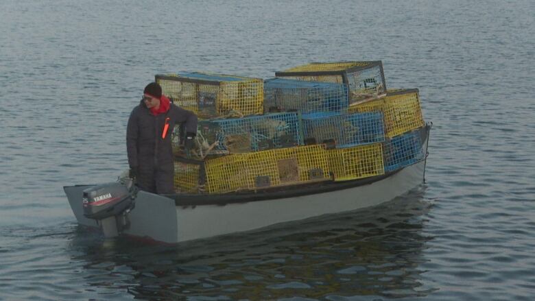 In the water, a fisherman stands in a dory full of lobster traps.