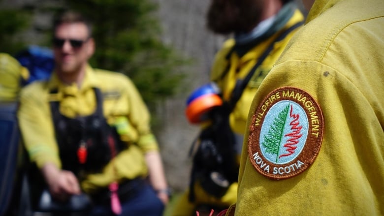 A close up on the shoulder patch of a wildfire fighter. A second is unfocused in the background.