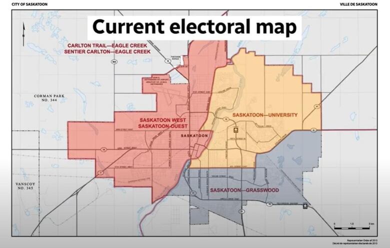 A multi-coloured map shows Saskatoon's electoral ridings.