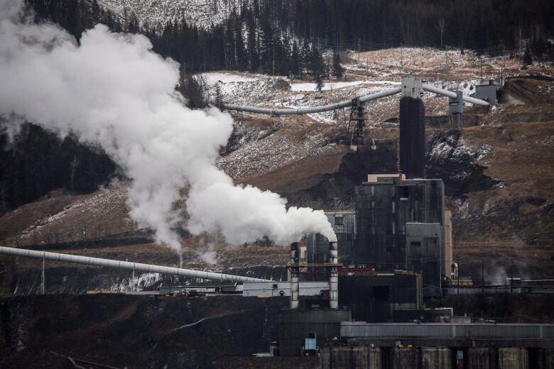 Smokestacks are emitting fumes at a coal mining facility, in the medium distance. Mountains with flecks of snow are visible in the background.