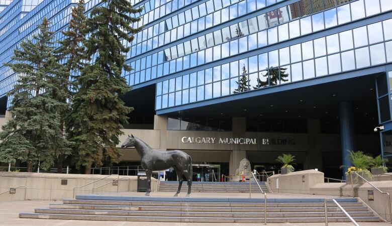 A building with many glass windows. There is a statue of a horse in front of the building. 