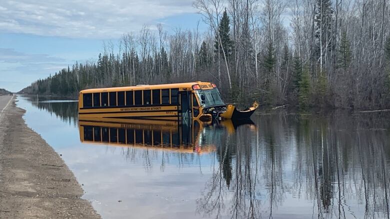 A bus is submerged in water along a ditch. 